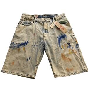 Levis 569 Blue Denim Shorts Mens 34 Loose Straight Paint Splatter 11” Inseam New